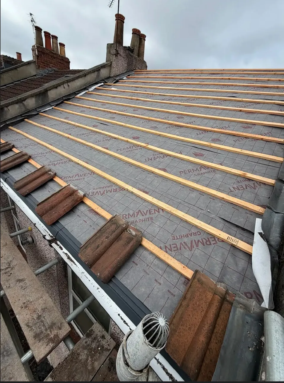 Roof stripped back to new battens and membrane
